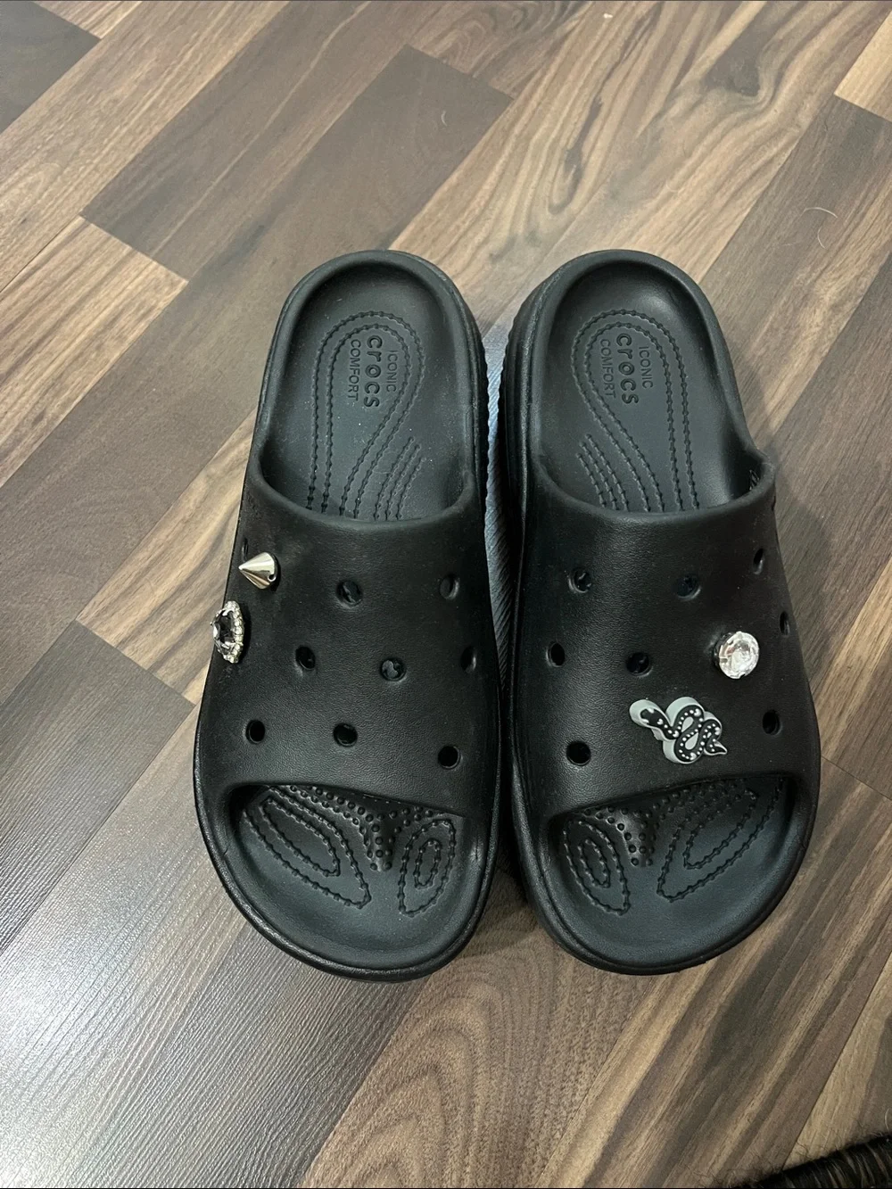 Black Crocs Platform Slide Sandals. Taylor Swift Reputation inspired.